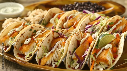 A tempting array of crispy fish tacos, featuring flaky white fish, crunchy cabbage slaw, tangy tartar sauce, and a squeeze of fresh lime, served alongside a side of seasoned rice and black beans photo