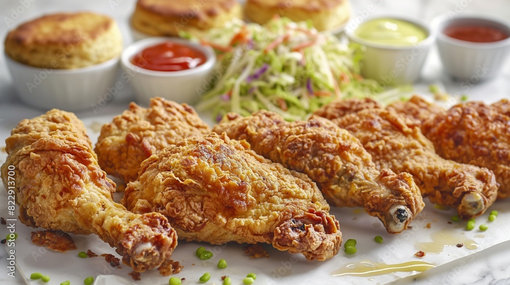 A tempting display of crispy fried chicken, golden and crispy on the outside, tender and juicy on the inside, served with a variety of dipping sauces and accompanied by coleslaw and fluffy biscuits