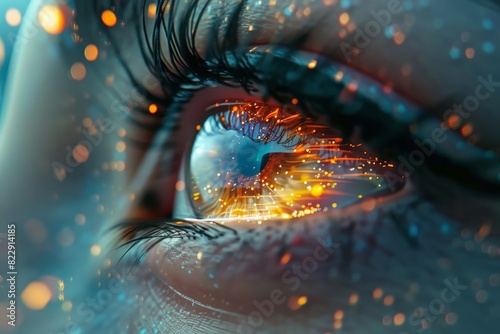 Close-up of an eye with a vibrant digital and futuristic overlay, representing technology and innovation with glowing lights and abstract elements.