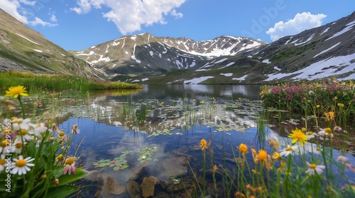 A tranquil alpine lake nestled high in the mountains, its surface reflecting the snow-capped peaks and vibrant wildflowers that line its shores, with clear blue skies overhead