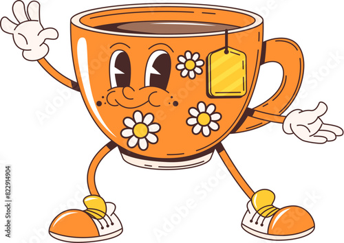 Cartoon retro groovy herbal tea cup character with funky face, vector 70s hippie or comic art. Groovy cartoon funny tea cup or mug with teabag and daisy flowers ornament with happy emotion smile