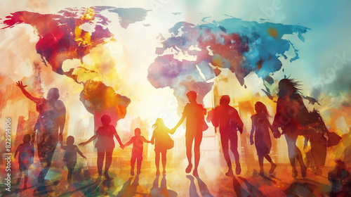 Internationaler Tag der Freundschaft am 30. Juli Menschen in einer Reihe viele Personen Hand in Hand als Silhouette vorm Sonnenuntergang Weltkarte im Hintergrund Generative AI © Imagecreator