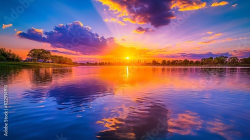 A vibrant sunset reflected in calm waters, casting a warm glow over a tranquil lakeside scene. 32k, full ultra HD, high resolution