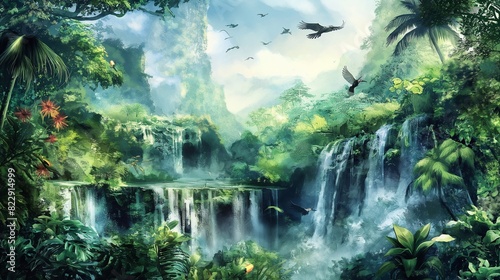 A whimsical watercolor painting of a lush  tropical forest with cascading waterfalls and exotic birds in flight. 32k  full ultra HD  high resolution