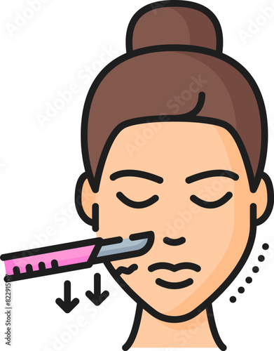 Skincare dermaplaning, face care cosmetology linear color icon. Skin anti aging dermatology dermaplaning procedure or face skincare thin line vector icon. Woman beauty treatment outline symbol
