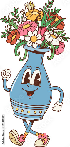 Cartoon retro groovy flowers vase character with happy face, vector 70s hippie smile. Groovy funny flowers bunch in vase with smiling face, cartoon funky character for emoji or emoticon sticker