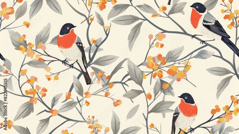 Floral and Leaf Pattern with Birds Seamless. Beautiful background, Abstract pattern background.