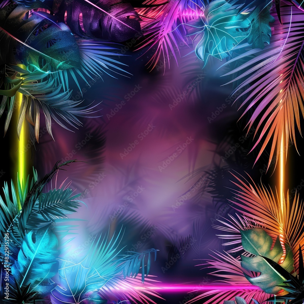 Vivid colors neon glow tropical palm leaves frame. Glowing ultraviolet light. Night vibrant colors. Vivid colors neon glow tropical palm leaves frame. Glowing ultraviolet light. Night vibrant colors.
