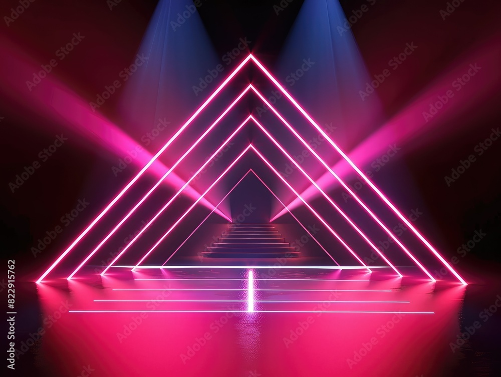 Naklejka premium beautiful rendering. Pink neon triangular shapes on black background. Laser show.