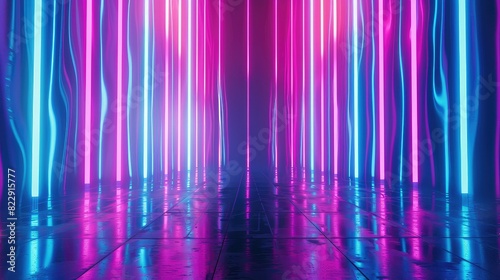 3D rendering. Abstract background with blue and pink neon lights. Glowing lines. Virtual reality concept.