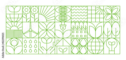 Environment modern geometric pattern. Vector linear grid background with environmental and nature-inspired symbols. Flowers, globe, solar energy and leaves in a vibrant green outline on white backdrop