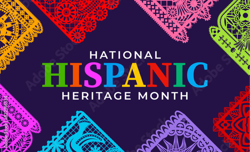 Papel picado paper cut flags on national Hispanic heritage month banner, vector Latin ornament. Hispanic Americans culture holiday or festival of tradition and art with ethnic papel picado flags