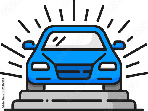 Demo car line icon for dealership, auto dealer showroom or test drive, outline vector. Car demonstration showroom of premium auto salon, color line pictogram for automotive trade center and car sales