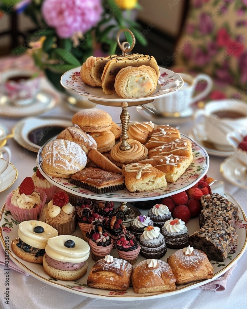 Naklejka premium Beautifully Arranged Platter of Assorted Pastries and Treats at a High Tea Setting