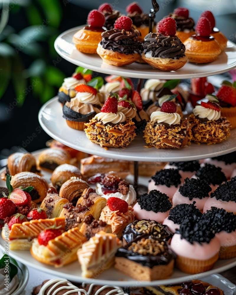 Beautifully Arranged Platter of Assorted Pastries and Treats at a High Tea Setting Beautifully Arranged Platter of Assorted Pastries and Treats at a High Tea Setting