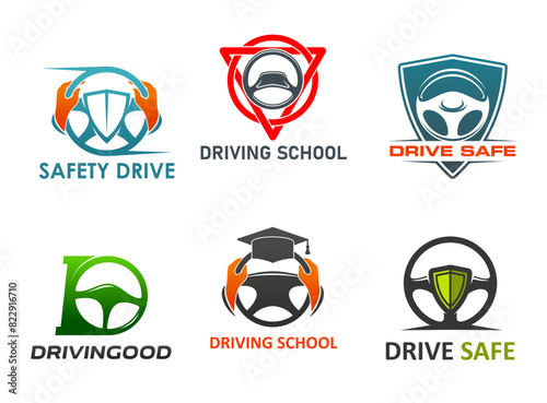 Drive school icons with steering wheels. Safe drive, driving school symbols of vector car vehicle wheels, driver hands, safety shields and graduation hat. Driver education and trainings isolated signs photo