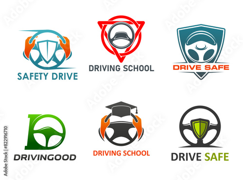 Drive school icons with steering wheels. Safe drive, driving school symbols of vector car vehicle wheels, driver hands, safety shields and graduation hat. Driver education and trainings isolated signs