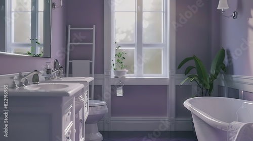 Elegant bathroom in soft lavender tones with pristine white fixtures and gleaming silver accents, exuding a serene and spa-like atmosphere, set against a solid dark green backdrop