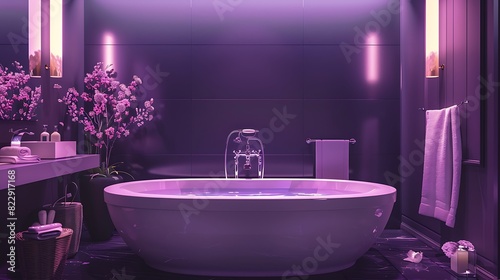 Elegant bathroom in soft lavender tones with pristine white fixtures and gleaming silver accents  exuding a serene and spa-like atmosphere  set against a solid black backdrop