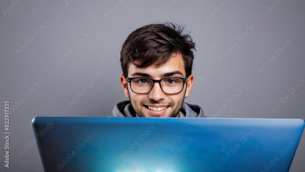 Smiling Young Man with Glasses Working on Laptop Against Grey Background Smiling Young Man with Glasses Working on Laptop Against Grey Background