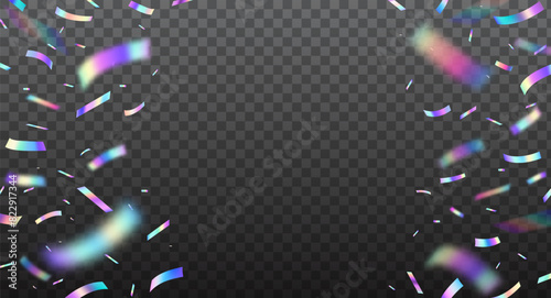 Holographic confetti, rainbow glitter silver foil with neon hologram light effect, vector transparent background. Holographic confetti explosion frame of iridescent metal paper with neon shine glare