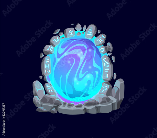 Fantasy fairytale game magic portal door. Cartoon vector mystical round gateway with swirling blue and purple energies, surrounded by a circle of rune-etched stones. Fantasy portal in magical world