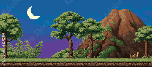 8 bit pixel night tropical forest landscape with mountain. 8-Vector pixelated nighttime scene featuring lush tropic wood with vibrant greenery, a towering brown rock, and a serene crescent moon in sky © Vector Tradition