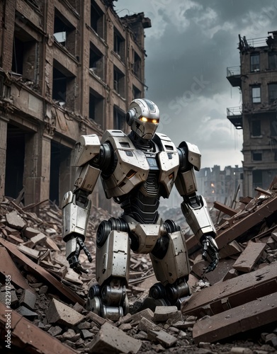 Renaissance Resurgence: Cybernetic Robot Amidst Collapsed Ruins