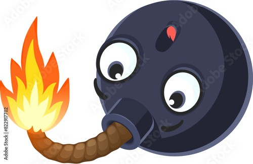 Cartoon bomb character, explosive weapon with burning wick or fuse ready for making boom effect with surprised face expression. Isolated vector comic emoji, highly explosive and dangerous personage