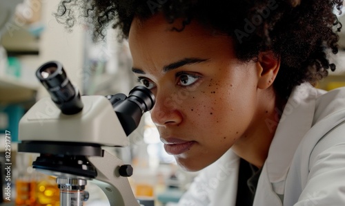 Female Scientist Focused on Using a Microscope