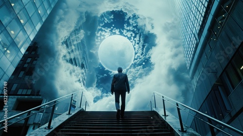 A man is walking on a set of stairs in front of a large moon. photo