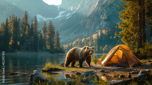 A grizzly bear is approaching a yellow tent next to a beautiful lake on a sunny day