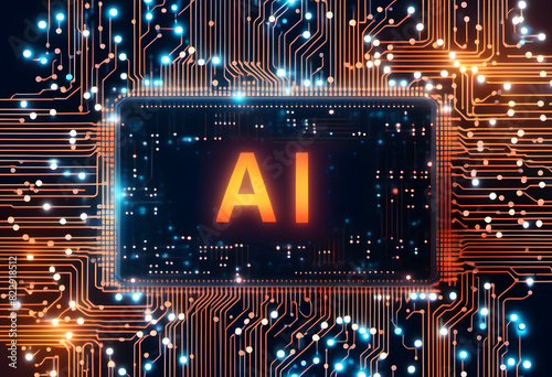 A glowing AI text in the center of a circuit board with blue and orange lights representing data flow.