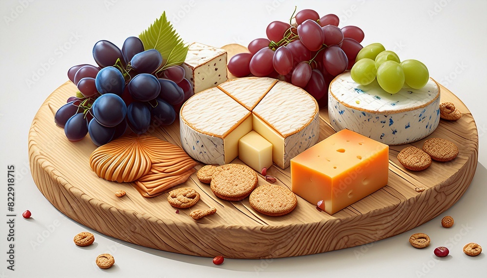 A rustic wooden board holding an array of gourmet cheeses, crackers, and grapes A rustic wooden board holding an array of gourmet cheeses, crackers, and grapes