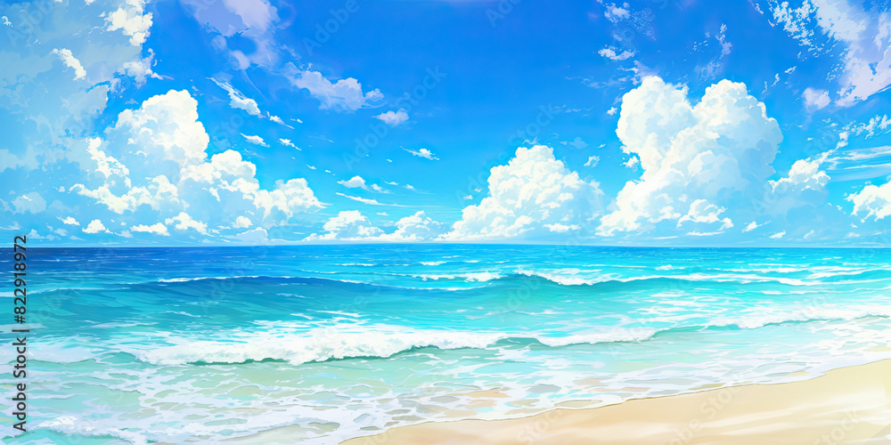 Obraz premium Beach paradise tropical sands and sea background banner anime cartoon style, generated ai