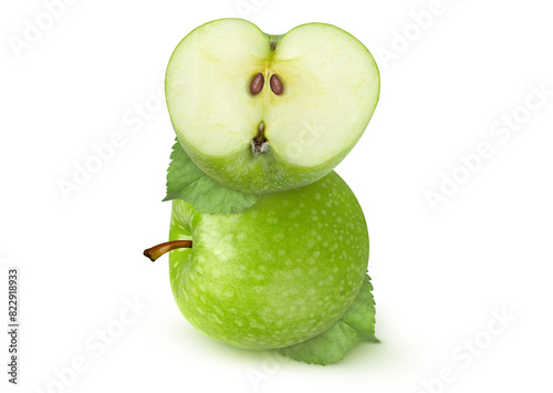 Green apples with leaves on an isolated white background.