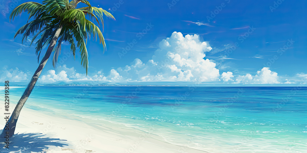 Fototapeta premium Beach paradise tropical sands and sea background banner anime cartoon style, generated ai