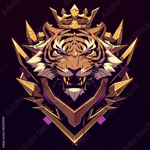 Tiger character mascot illustration with crown, vector logo, e-sport gamer t-shirt design on isolated background