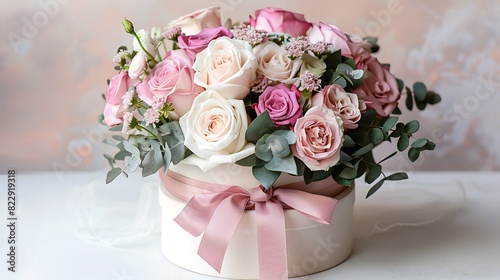 A bouquet of pink and white roses decorated in a hat box on a light background