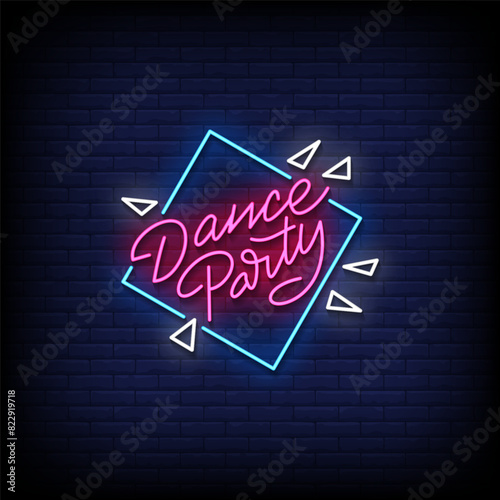 dance party neon Sign on brick wall background vector