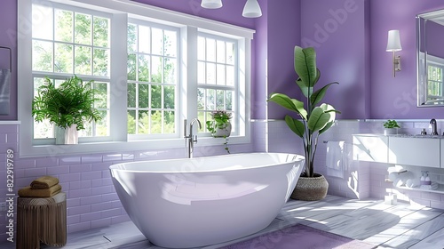 Spa-inspired bathroom with lavender walls, pristine white bathtubs, and sleek silver faucets, creating a peaceful retreat