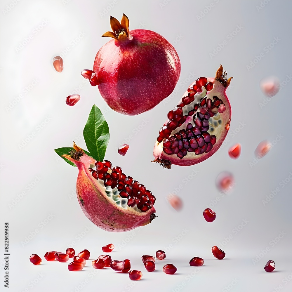 Pomegranate Suspended in Mid-Air: A Whole and Halved Fruit Isolated on White Background Pomegranate Suspended in Mid-Air: A Whole and Halved Fruit Isolated on White Background