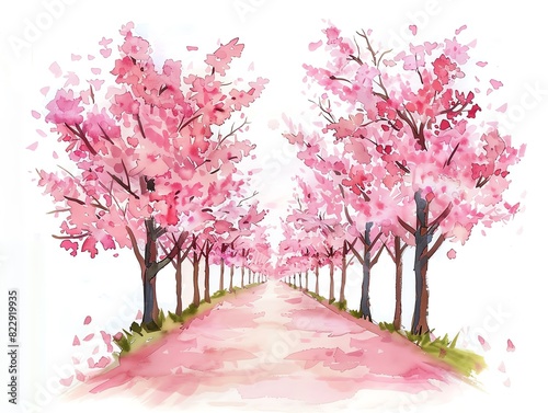 A watercolor painting of a path lined with cherry blossom trees in full bloom