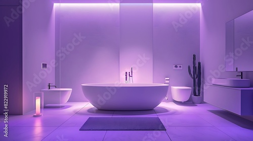 Tranquil lavender bathroom featuring soft lavender walls, sleek white fixtures, and refined silver accents, designed for ultimate relaxation, with a solid black background