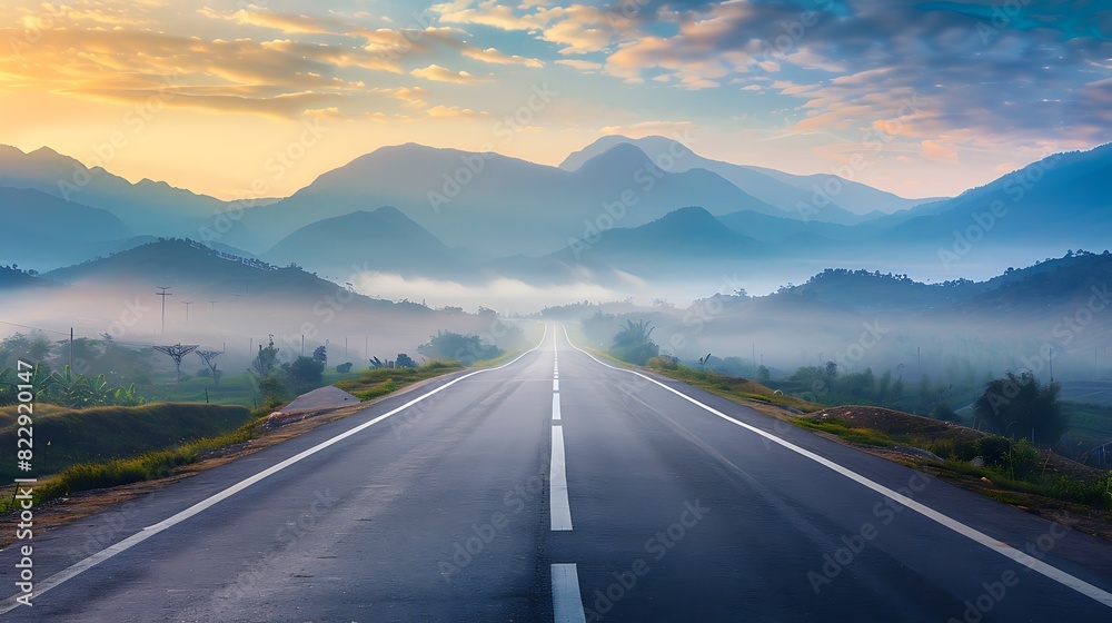 Naklejka premium asphalt road and mountains with foggy nature landscape at sunset