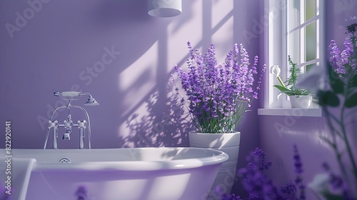 Tranquil lavender bathroom featuring soft lavender walls, sleek white fixtures, and refined silver accents, designed for ultimate relaxation, with a solid dark green background