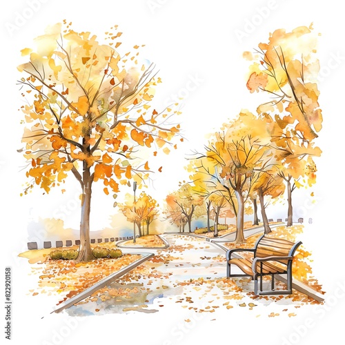 A watercolor painting of a park in the fall photo