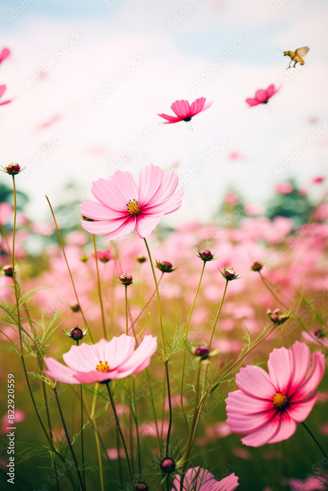 Field of pink flowers with sky background and few flying butterflies. Field of pink flowers with sky background and few flying butterflies.