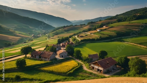 Small Village on a Hillside with Expansive Fields