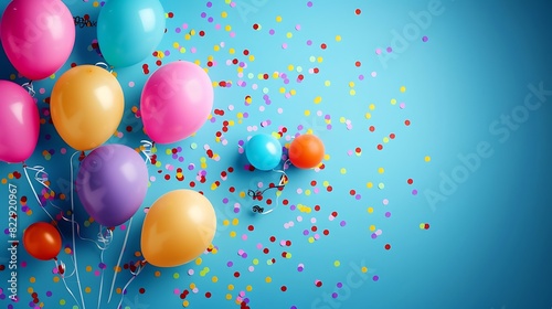 Birthday card with colorful balloons and confetti on blue background